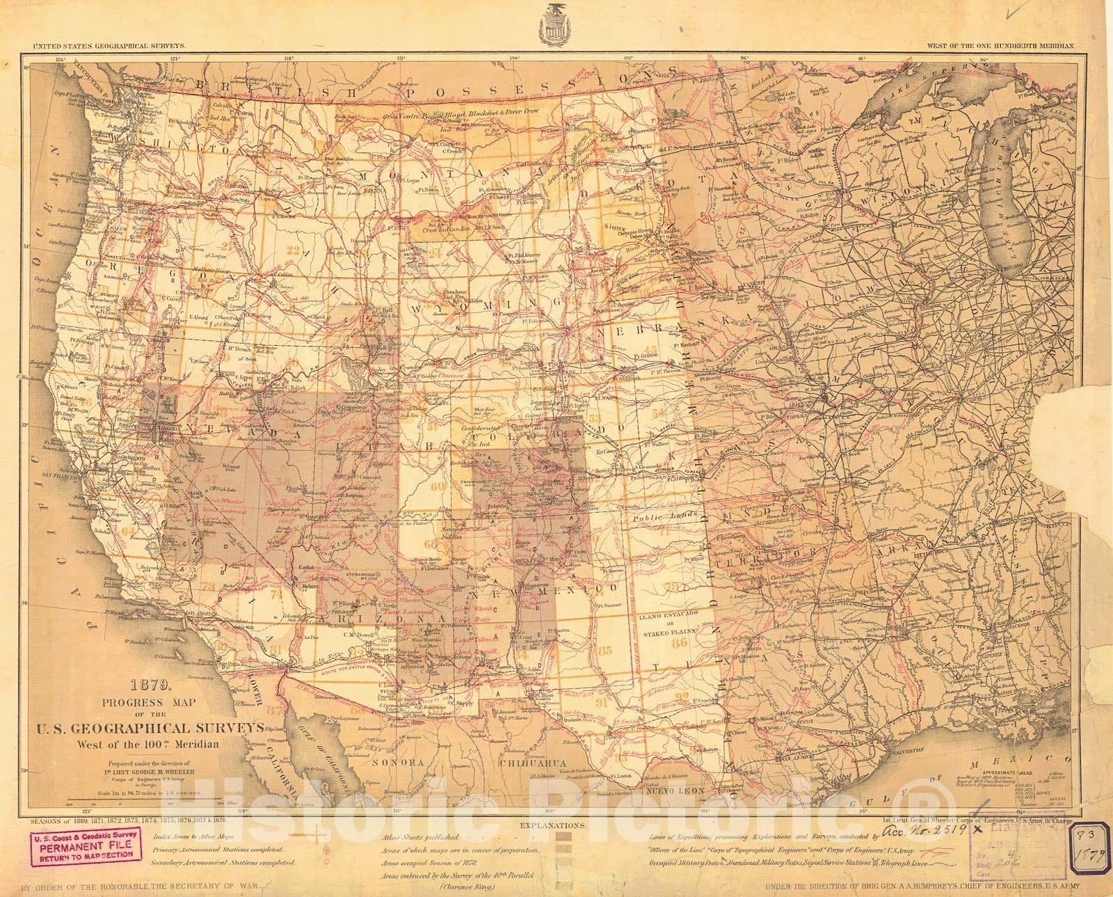 Historic Nautical Map - Progress Map Of The US Geographcal Surveys West Of The 100Th Meridian, 1879 NOAA Topographic Historic Nautical Map - Vintage Wall Art