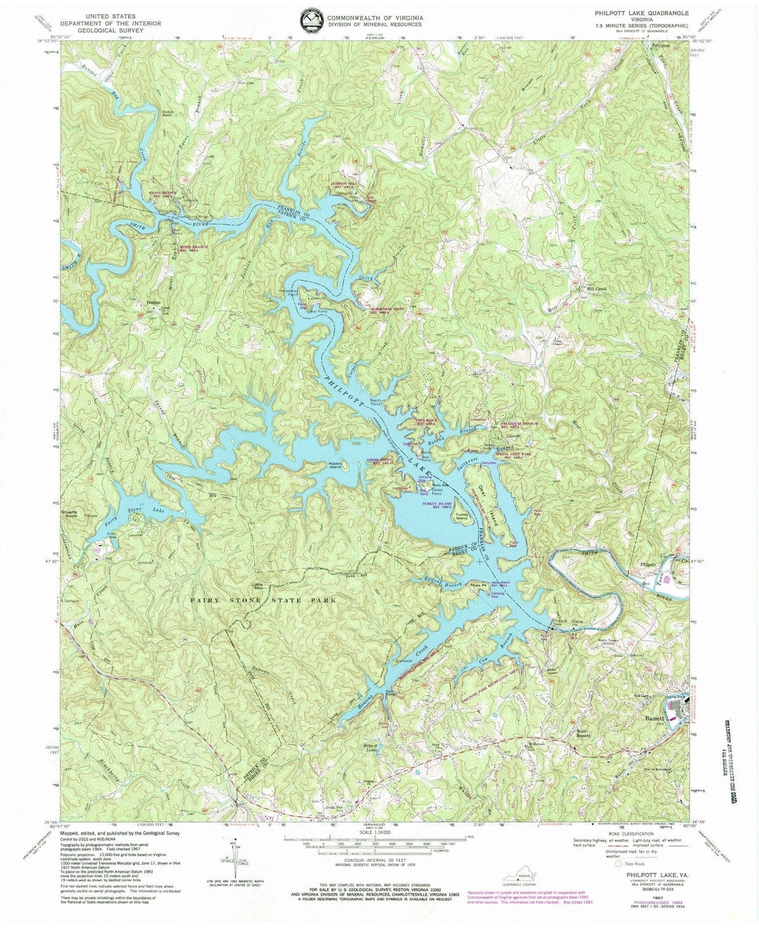 1967 Philpott Lake, VA - Virginia - USGS Topographic Map