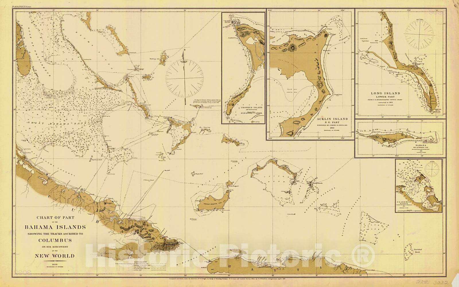 Historic Nautical Map - Chart Of The Bahama Islands Showing The Tracks Ascribed To Columbus On His Discovery Of The New World, 1881 NOAA Cartographic - Vintage Wall Art