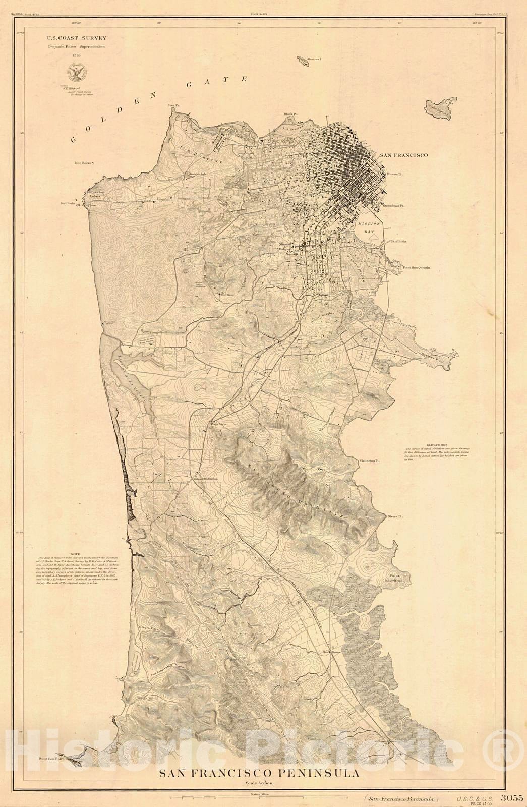 Historic Nautical Map - San Francisco Peninsula, 1869 NOAA Topographic Historic Nautical Map - California (CA) - Vintage Wall Art