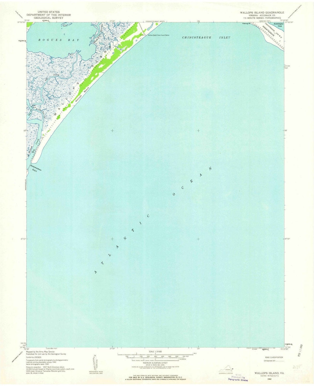 1942 Wallops Island, VA - Virginia - USGS Topographic Map