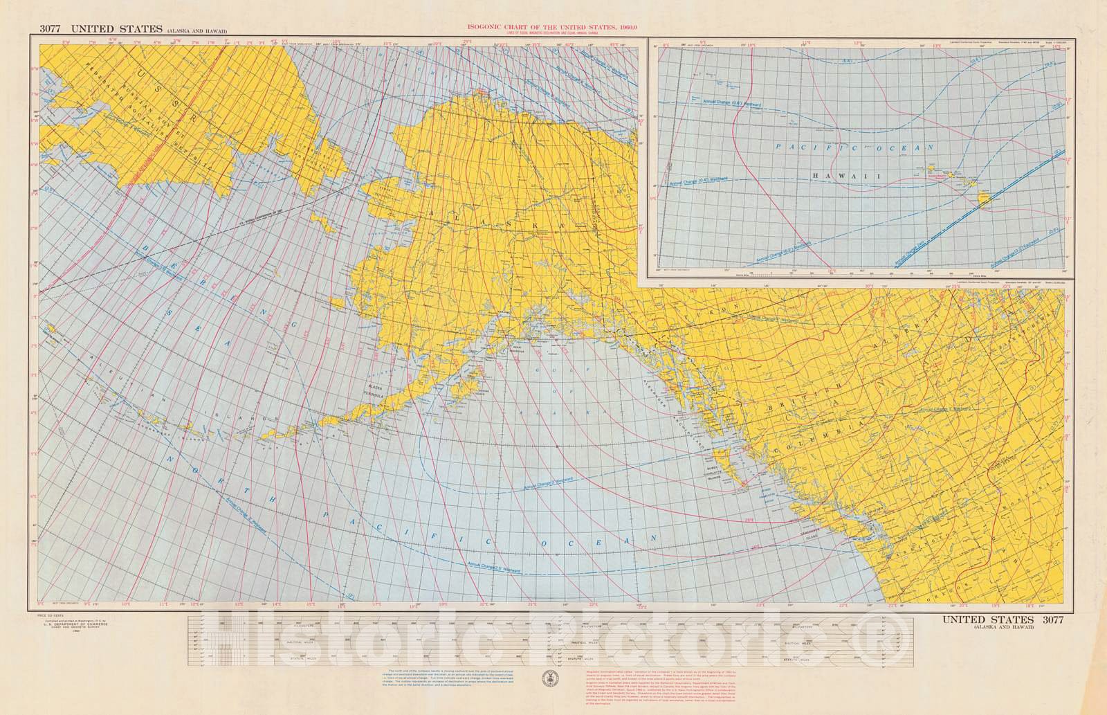 Historic Nautical Map - Isogonic Chart Of The United States Alaska And Hawaii, 1960 NOAA Magnetic Historic Nautical Map - Alaska, Hawaii (AK, HI) - Vintage Wall Art