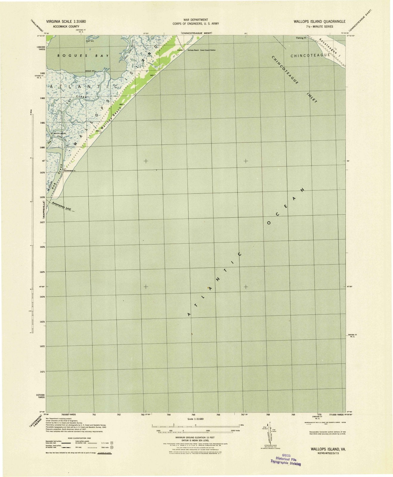 1943 Wallops Island, VA - Virginia - USGS Topographic Map