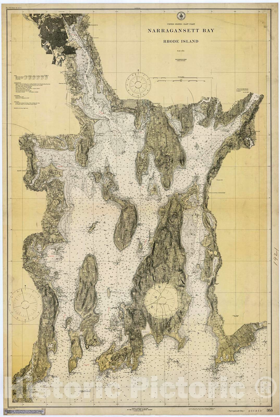 Historic Nautical Map - Narragansett Bay, Rhode Island, 1921 NOAA Chart - Rhode Island (RI) - Vintage Wall Art