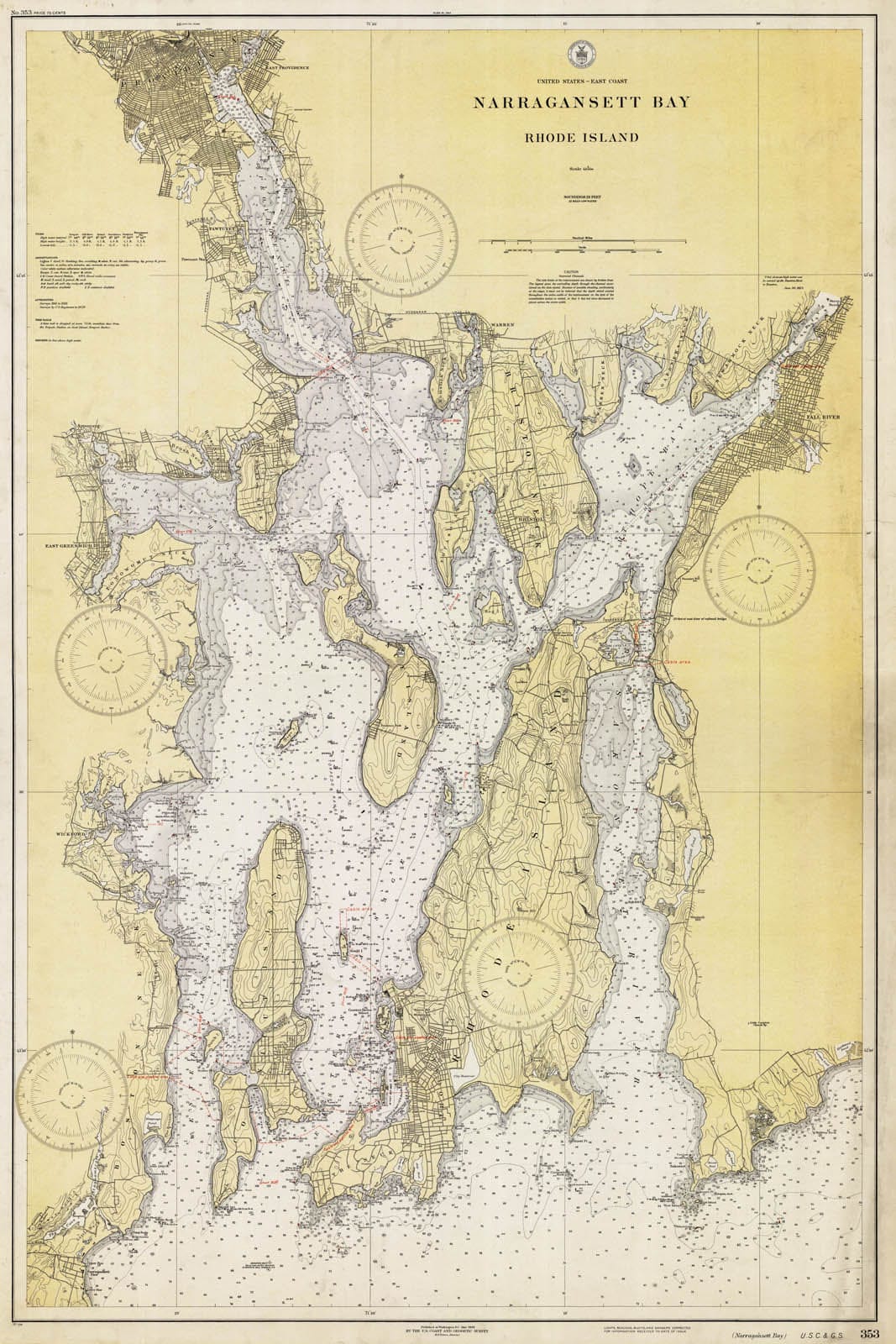 Historic Nautical Map - Narragansett Bay, Rhode Island, 1930 NOAA Chart - Rhode Island (RI) - Vintage Wall Art