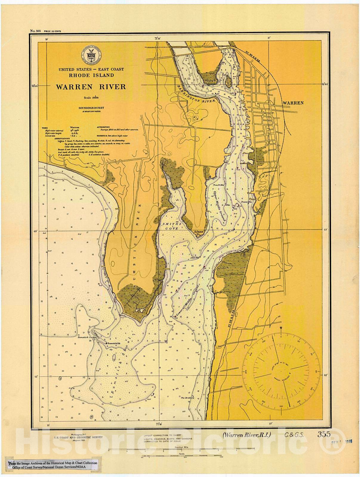 Historic Nautical Map - Warren River, Rhode Island, 1915 NOAA Chart - Rhode Island (RI) - Vintage Wall Art