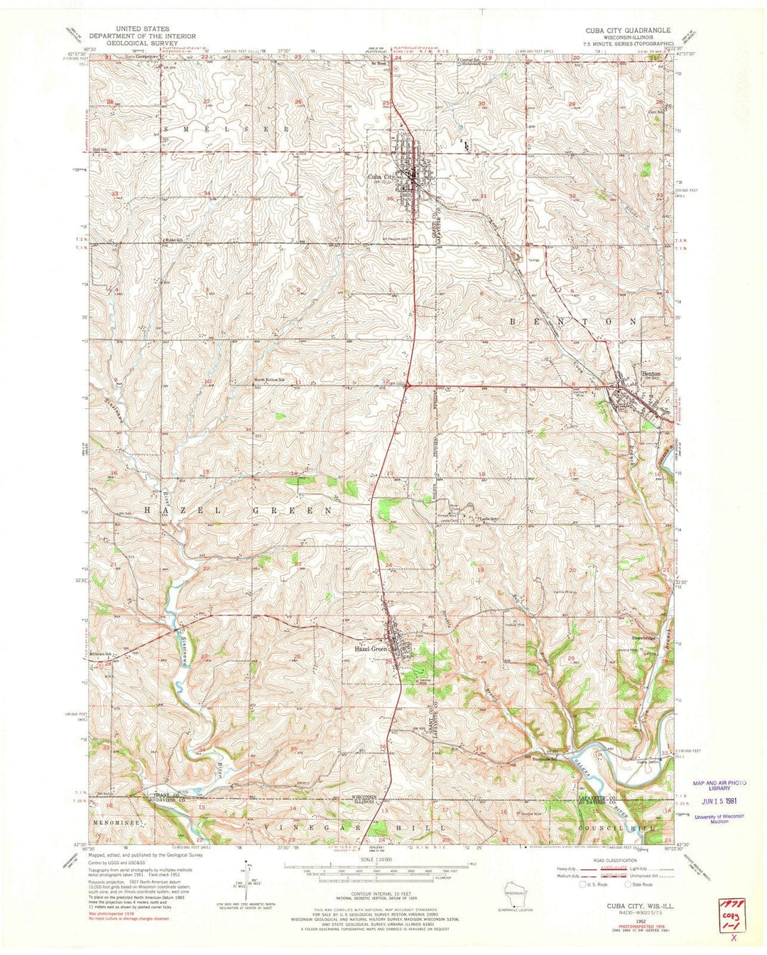 1952 Cuba City, WI - Wisconsin - USGS Topographic Map