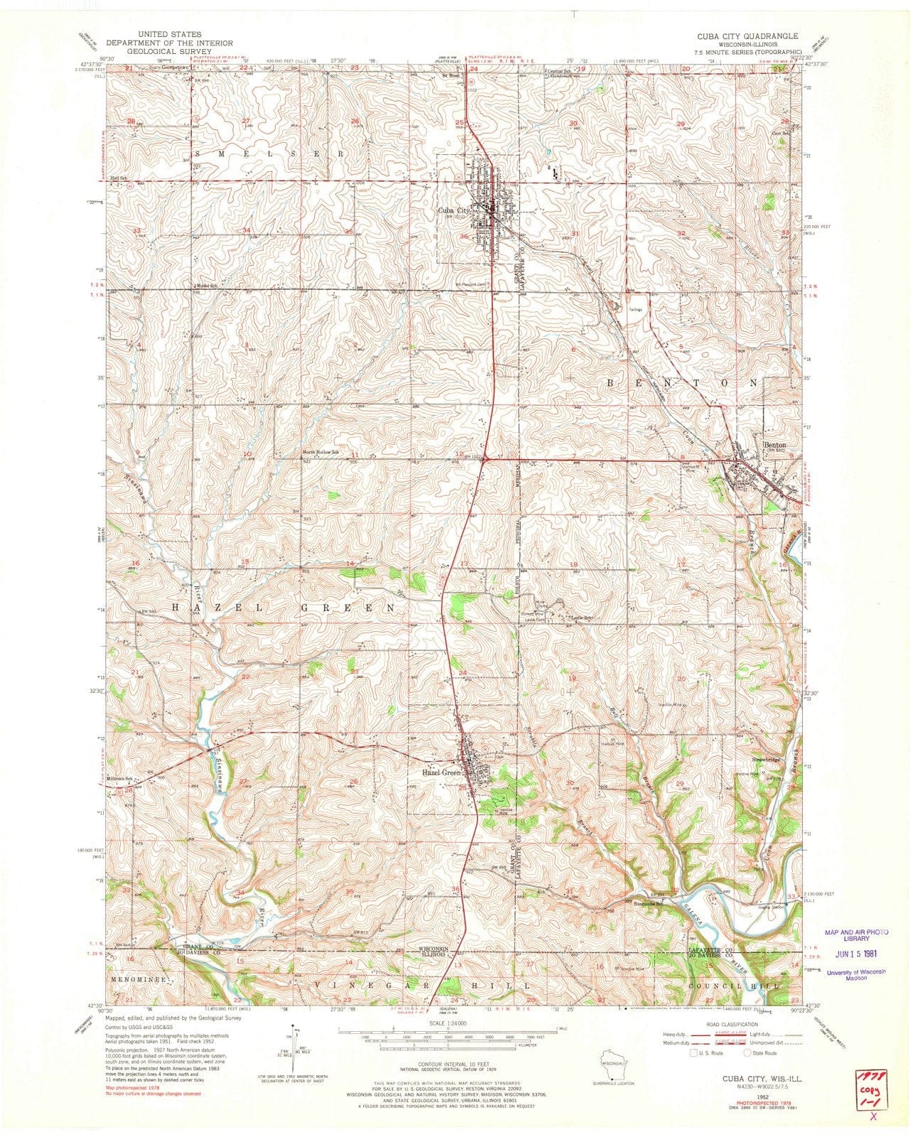 1952 Cuba City, WI - Wisconsin - USGS Topographic Map