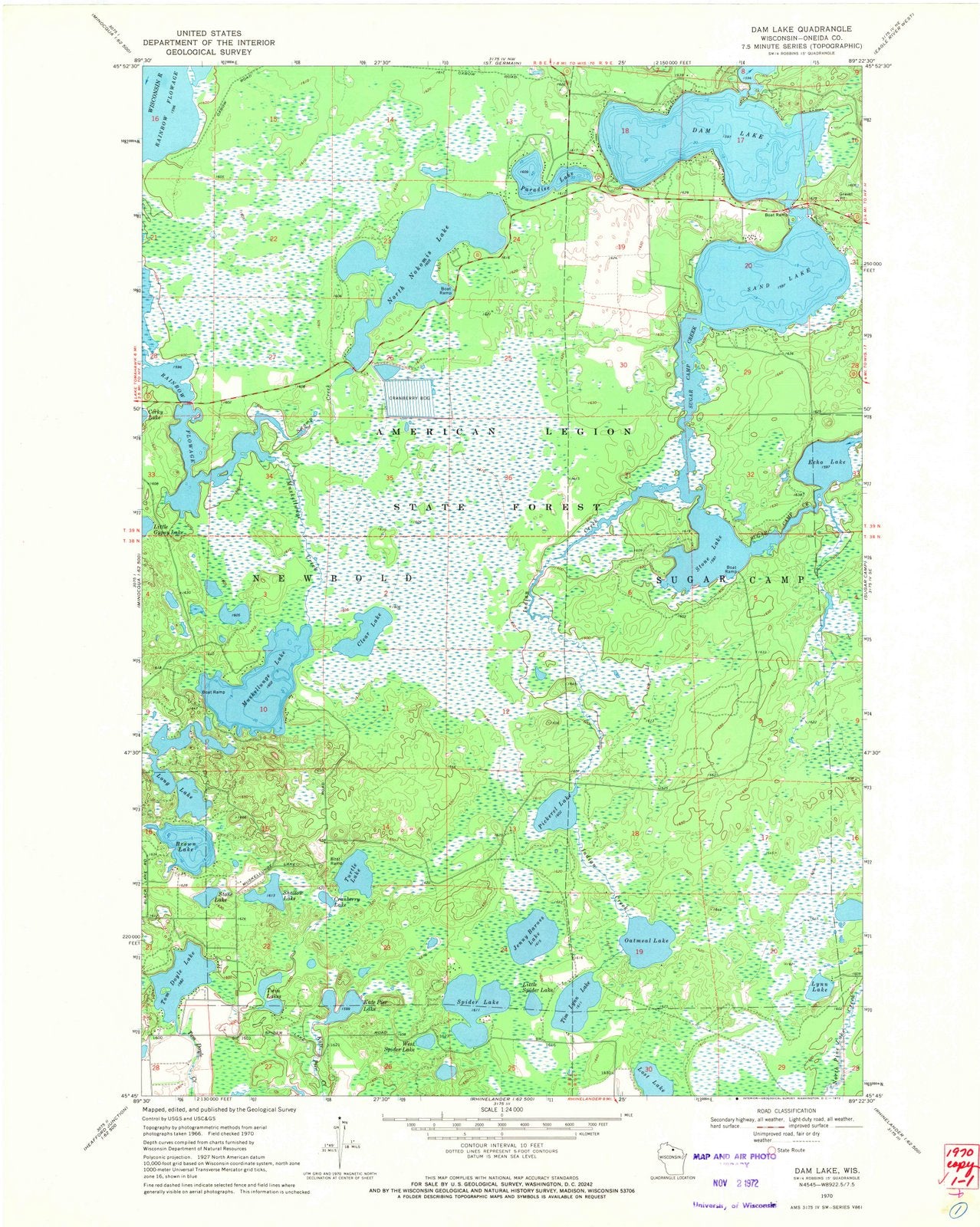 1970 Dam Lake, WI - Wisconsin - USGS Topographic Map