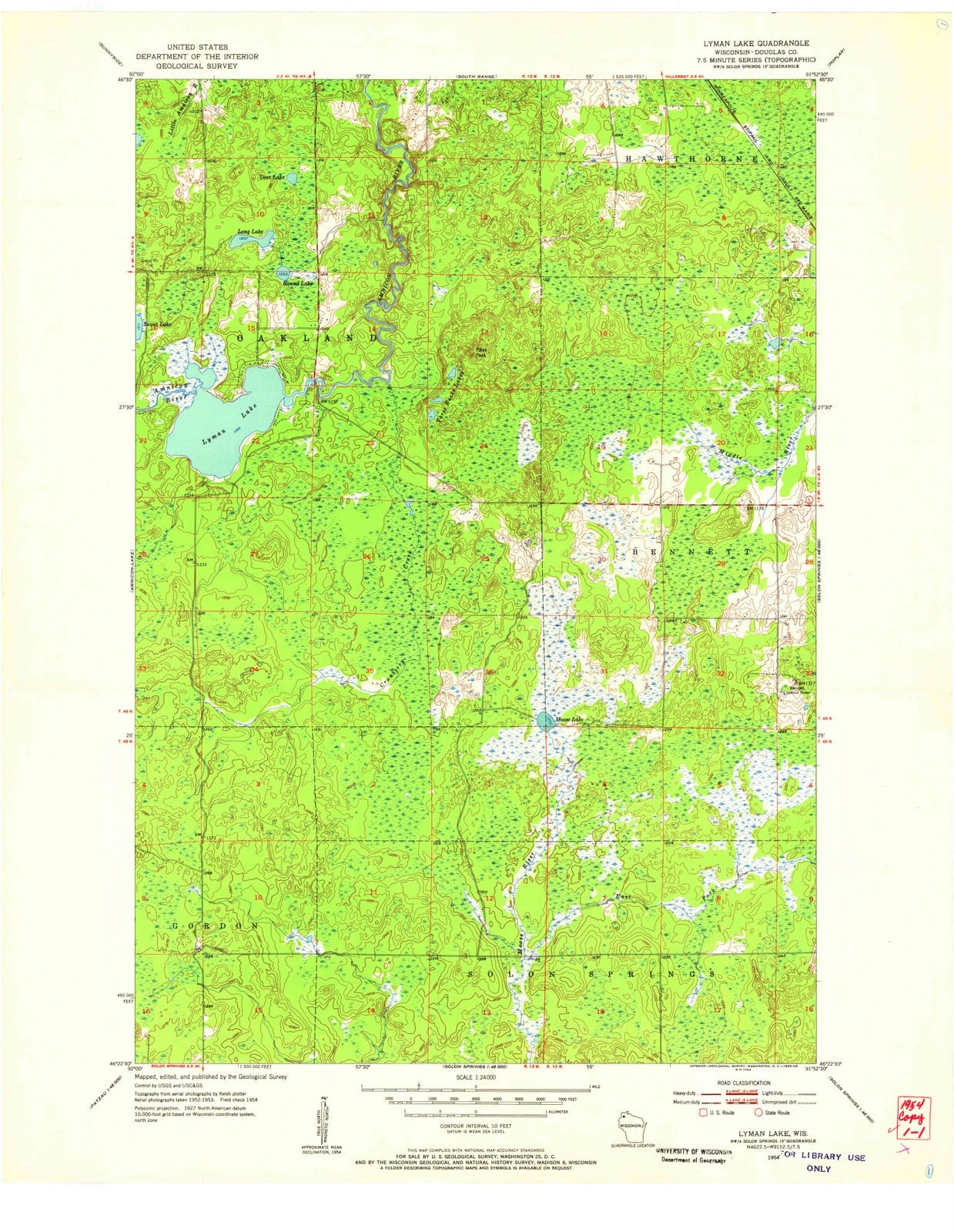 1954 Lyman Lake, WI - Wisconsin - USGS Topographic Map