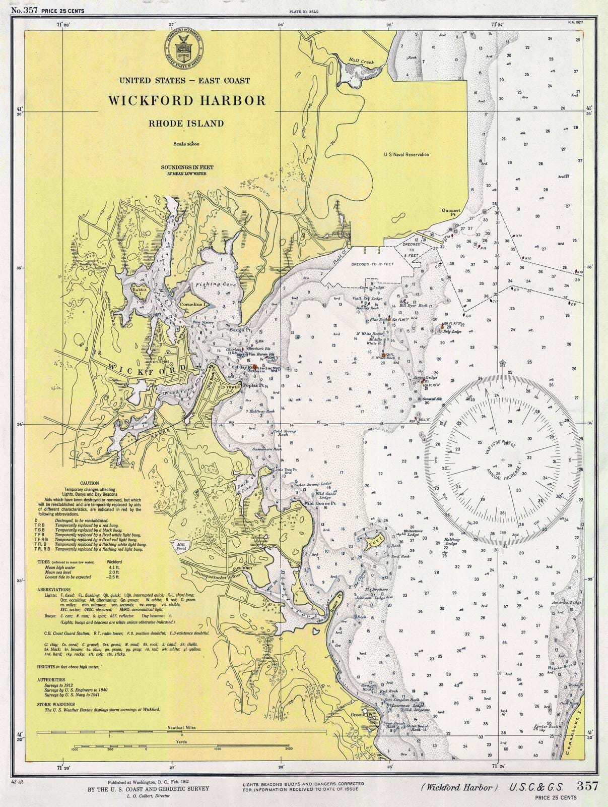 Historic Nautical Map - Wickford Harbor, Rhode Island, 1942 NOAA Chart - Rhode Island (RI) - Vintage Wall Art