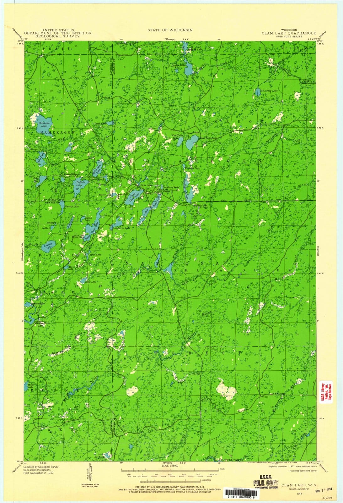 1942 Clam Lake, WI - Wisconsin - USGS Topographic Map