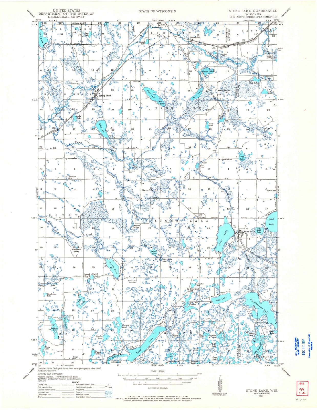 1948 Stone Lake, WI - Wisconsin - USGS Topographic Map