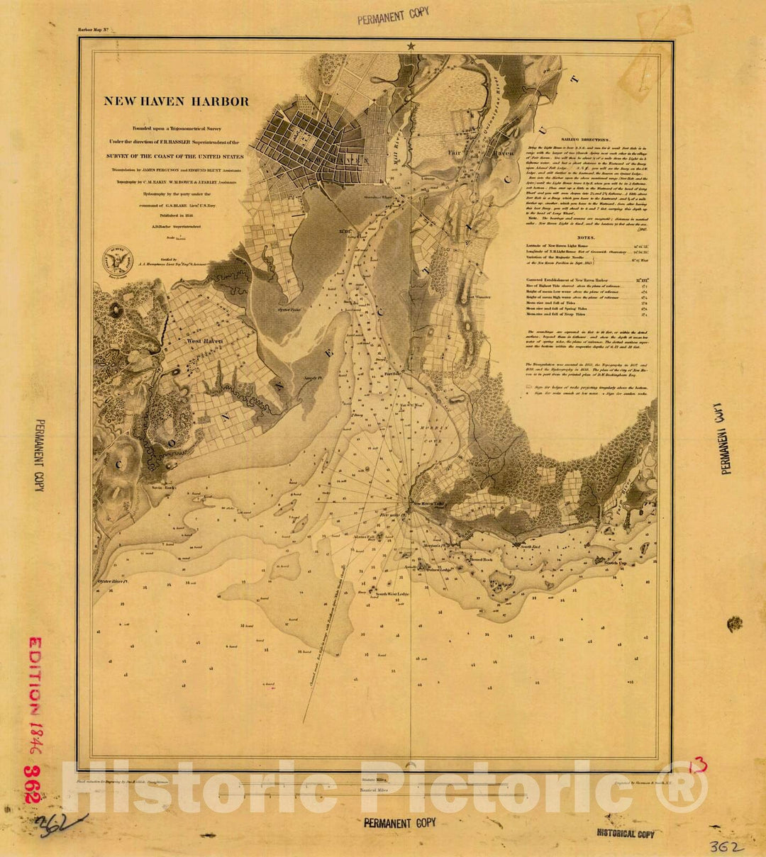 Historic Nautical Map - New Haven Harbor, 1846 NOAA Chart - Connecticut (CT) - Vintage Wall Art