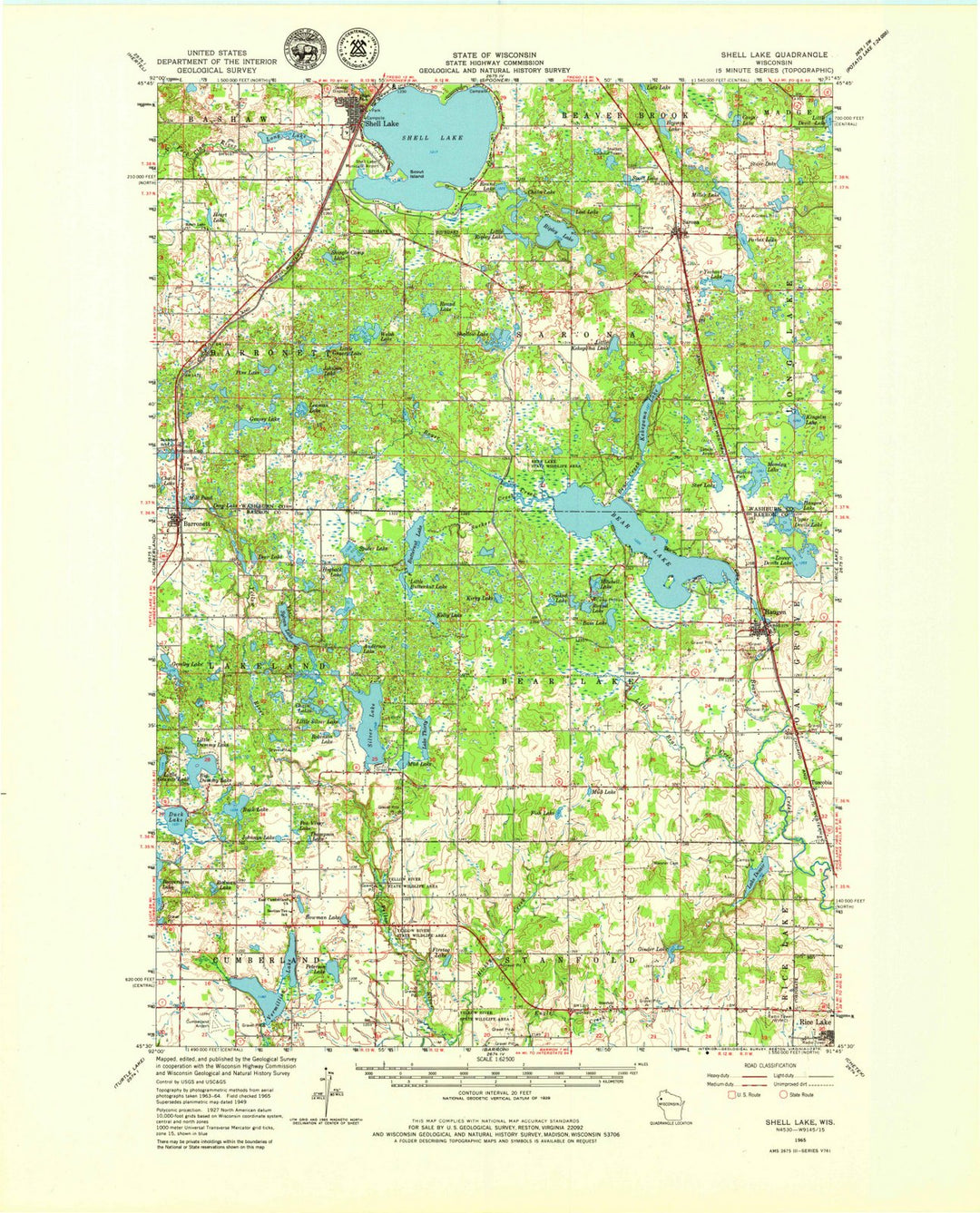 1965 Shell Lake, WI - Wisconsin - USGS Topographic Map