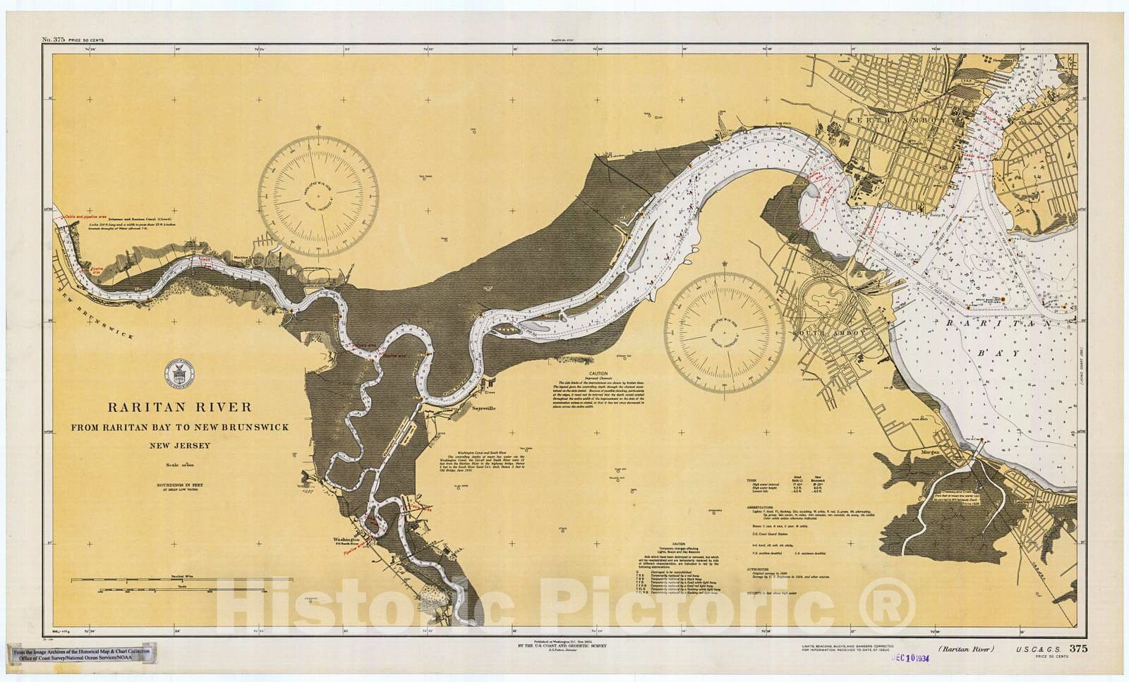 Historic Nautical Map - Raritan River, Nj, 1934 NOAA Chart - New Jersey (NJ) - Vintage Wall Art