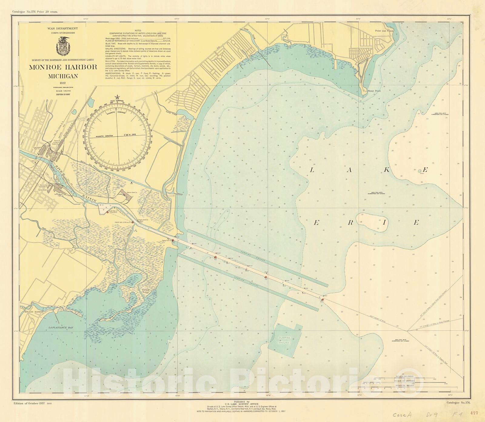 Historic Nautical Map - Monroe Harbor, Michigan, 1937 NOAA Chart - Michigan (MI) - Vintage Wall Art