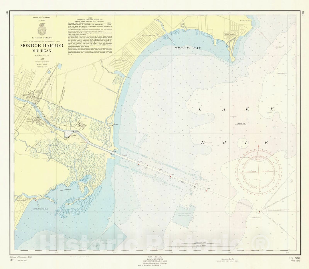 Historic Nautical Map - Monroe Harbor, 1955 NOAA Chart - Michigan (MI) - Vintage Wall Art