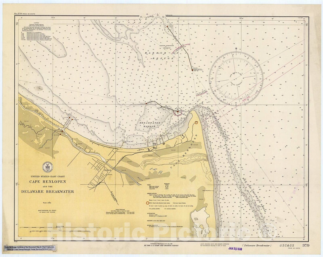 Historic Nautical Map - Cape Henlopen & The Delaware Breakwater, 1938 NOAA Chart - Delaware (DE) - Vintage Wall Art