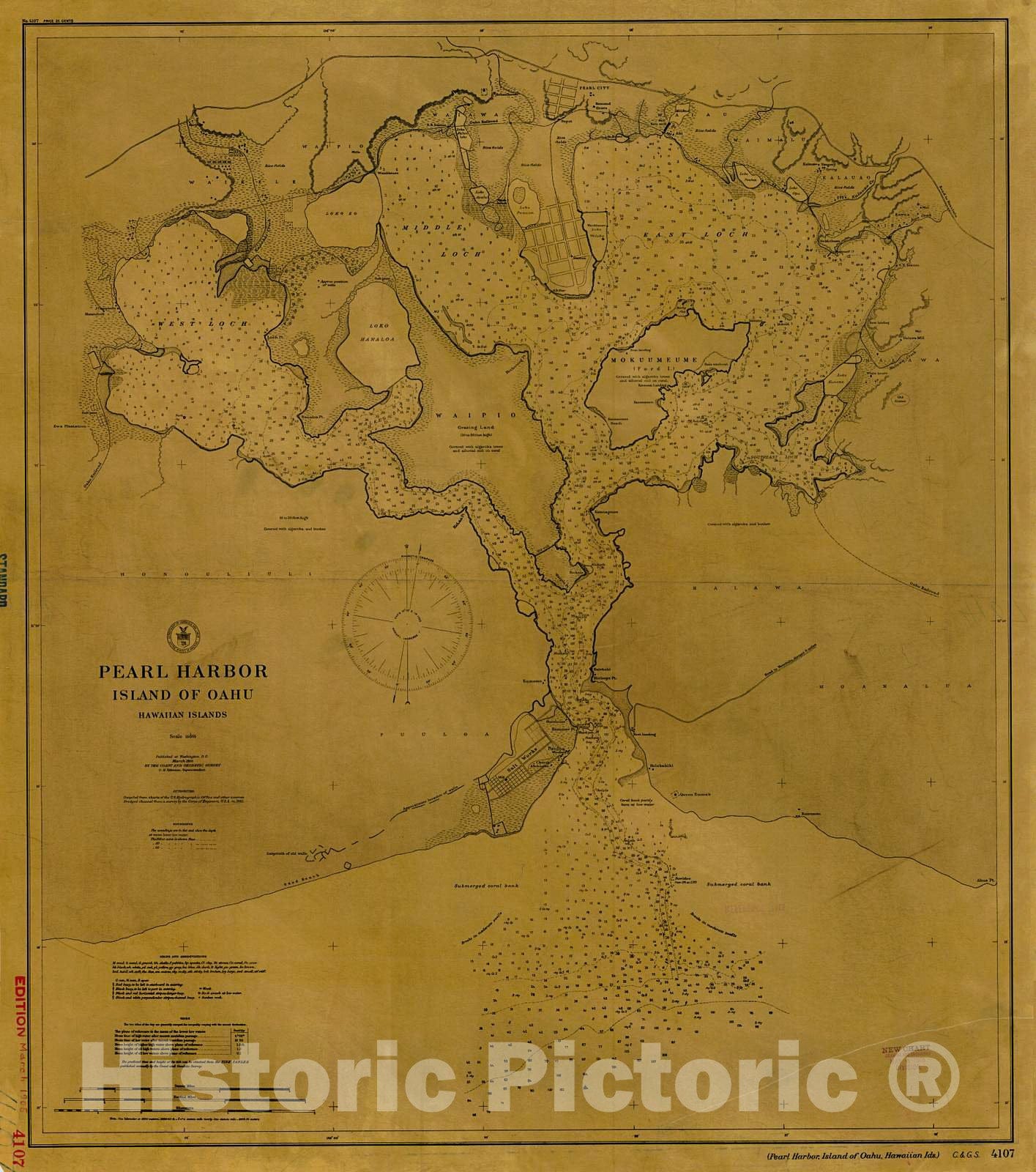 Historic Nautical Map - Pearl Harbor, 1905 NOAA Chart - Hawaii (HI) - Vintage Wall Art