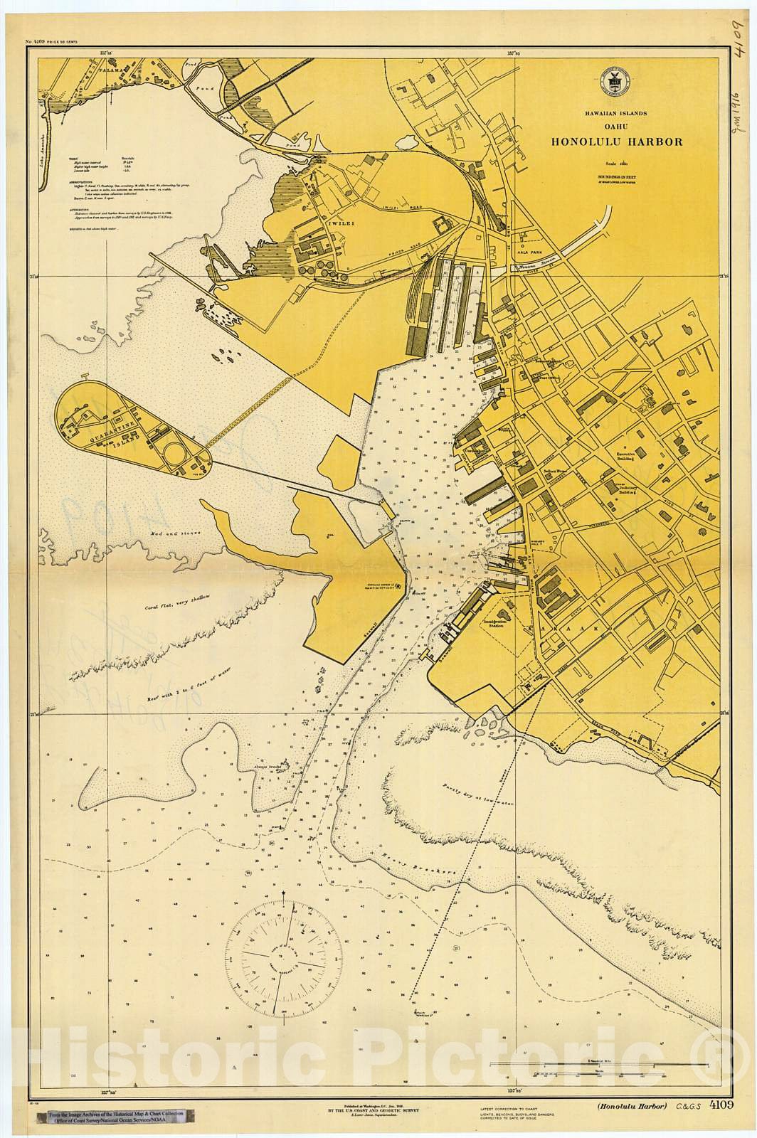 Historic Nautical Map - Oahu : Honolulu Harbor, 1916 NOAA Chart - Hawaii (HI) - Vintage Wall Art