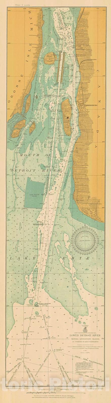 Historic Nautical Map - Lower Detroit River. Showing Livingstone Channel And Positions Of Aids To Navigation, 1914 NOAA Chart - Michigan (MI) - Vintage Wall Art