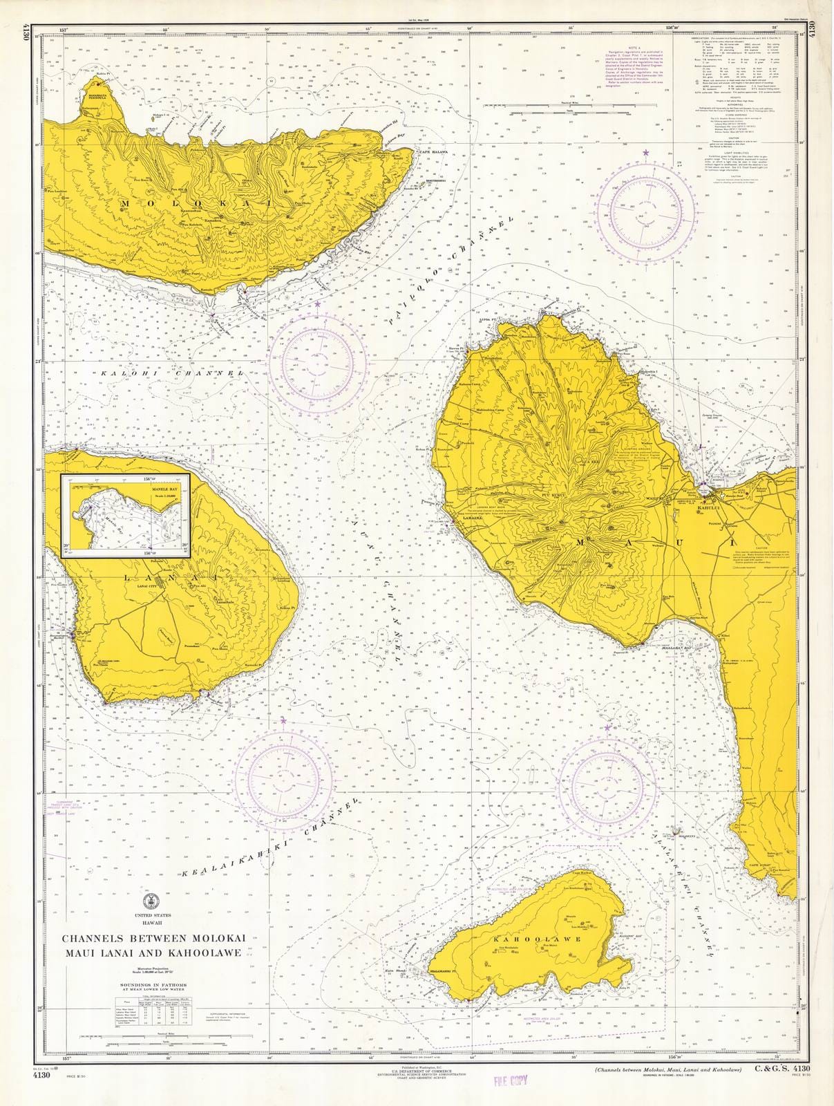 Historic Nautical Map - Channels Between Molokai, Maui, Lanai And Kahoolawe, 1969 NOAA Chart - Hawaii (HI) - Vintage Wall Art