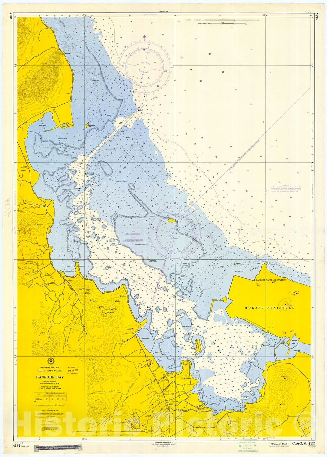 Historic Nautical Map - Kaneohe Bay, 1958 NOAA Chart - Hawaii (HI) - Vintage Wall Art