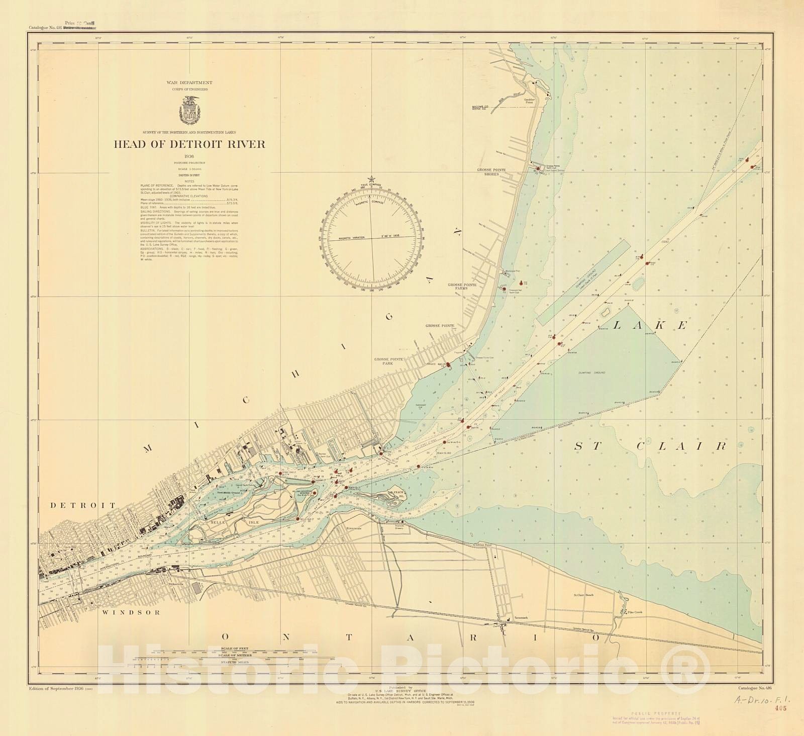 Historic Nautical Map - Head Of Detroit River, 1936 NOAA Chart - Michigan (MI) - Vintage Wall Art