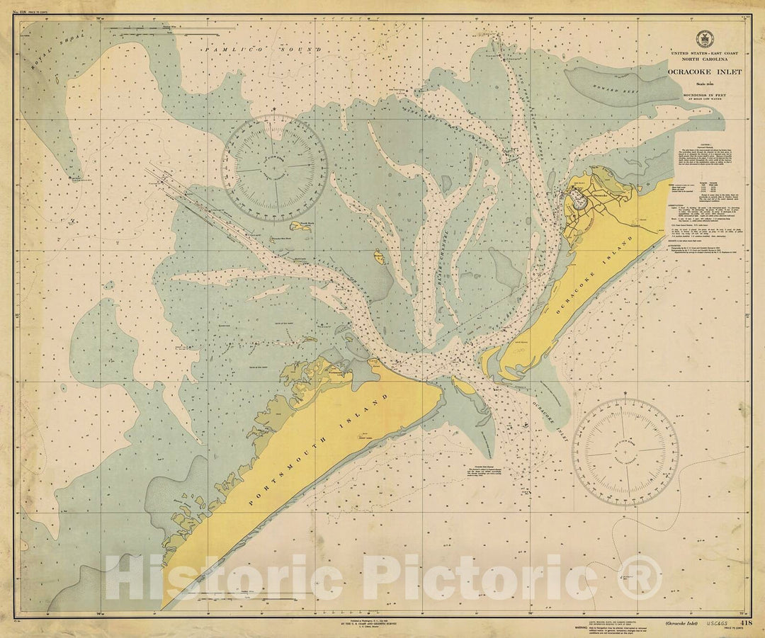 Historic Nautical Map - Ocracoke Inlet, 1945 NOAA Chart - North Carolina (NC) - Vintage Wall Art