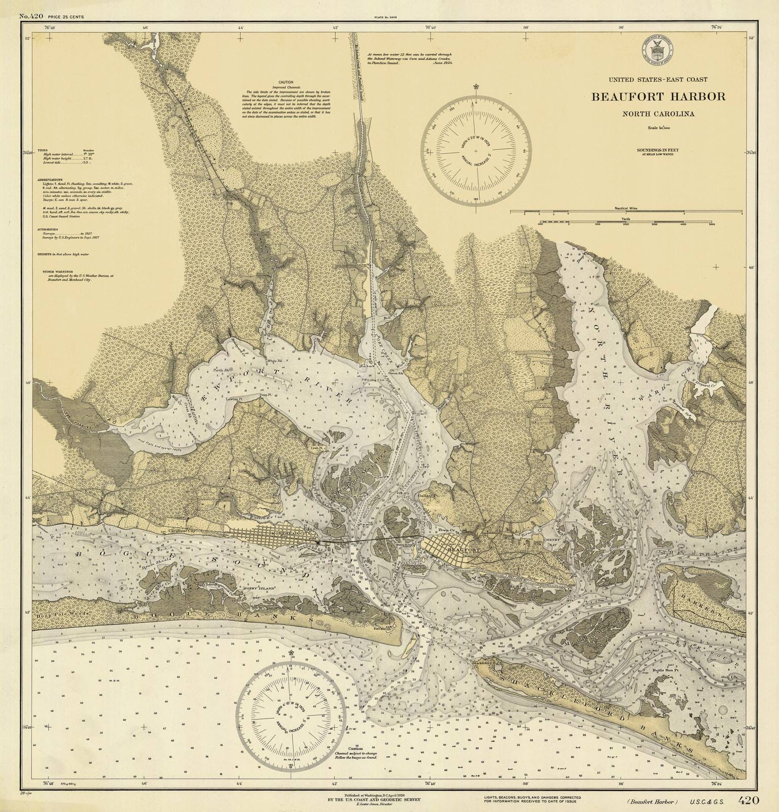 Historic Nautical Map - Beaufort Harbor, 1928 NOAA Chart - North Carolina (NC) - Vintage Wall Art