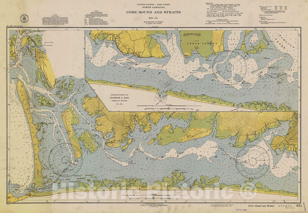 Historic Nautical Map - Core Sound And Straits, 1940 NOAA Chart - North Carolina (NC) - Vintage Wall Art