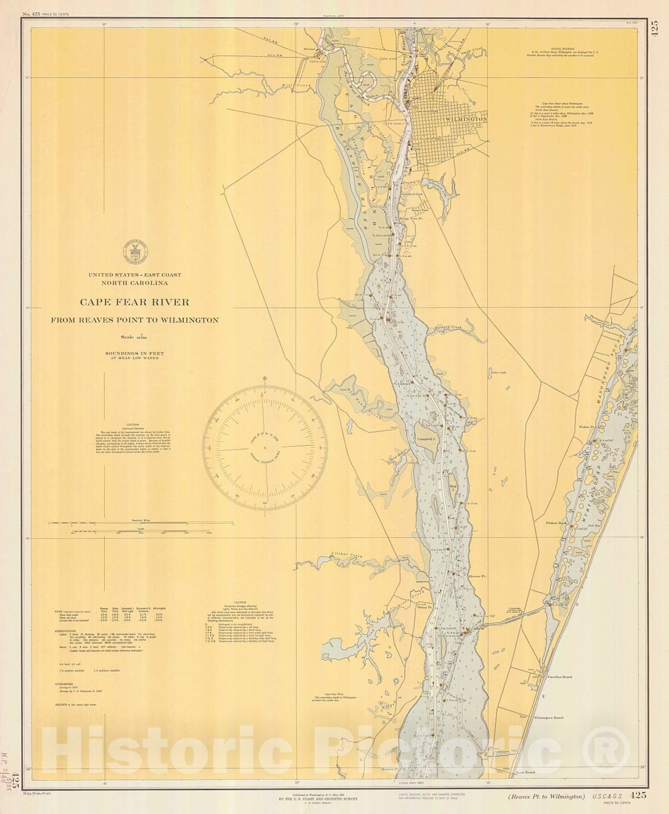 Historic Nautical Map - Reaves Pt To Wilmington, 1940 NOAA Chart - North Carolina (NC) - Vintage Wall Art