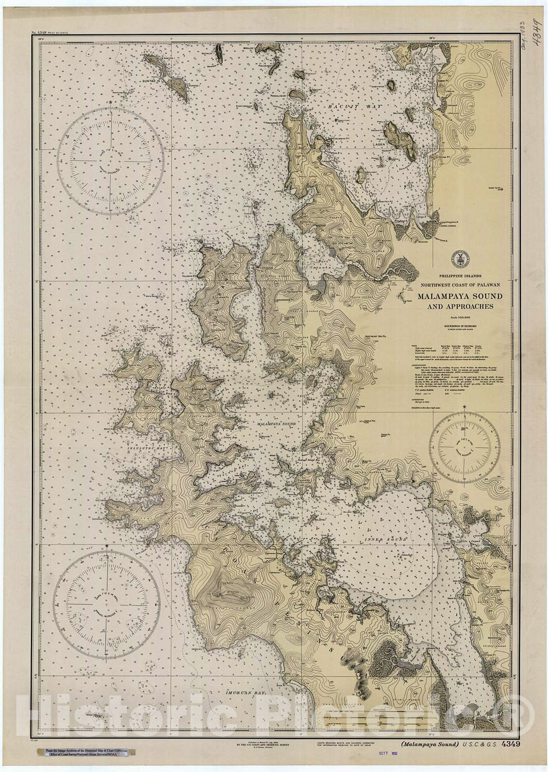 Historic Nautical Map - Malampaya Sound, 1933 NOAA Chart - PHVintage Wall Art