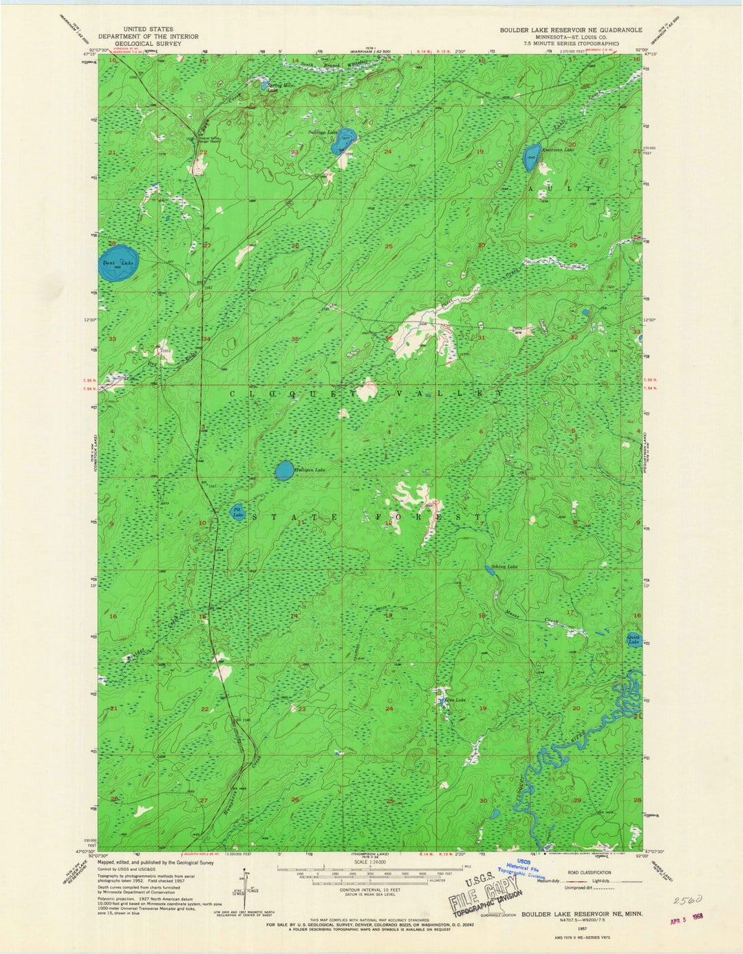 1957 Boulder Lake Reservoir, MN - Minnesota - USGS Topographic Map