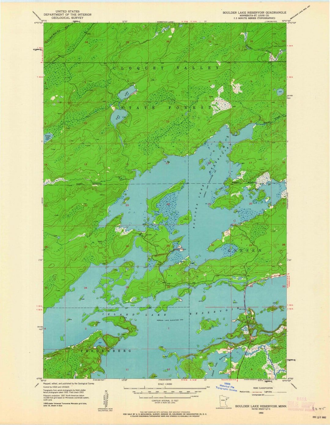 1953 Boulder Lake Reservoir, MN - Minnesota - USGS Topographic Map