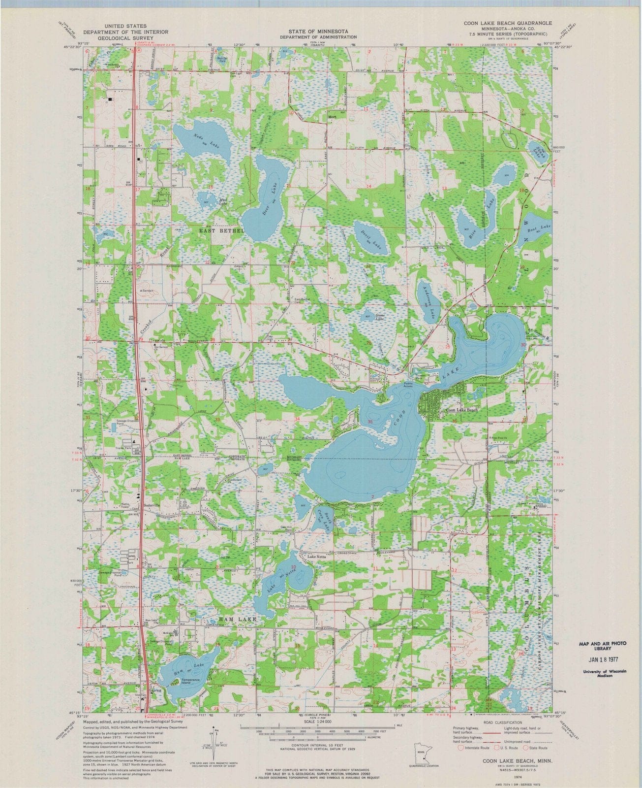 1974 Coon Lake Beach, MN - Minnesota - USGS Topographic Map