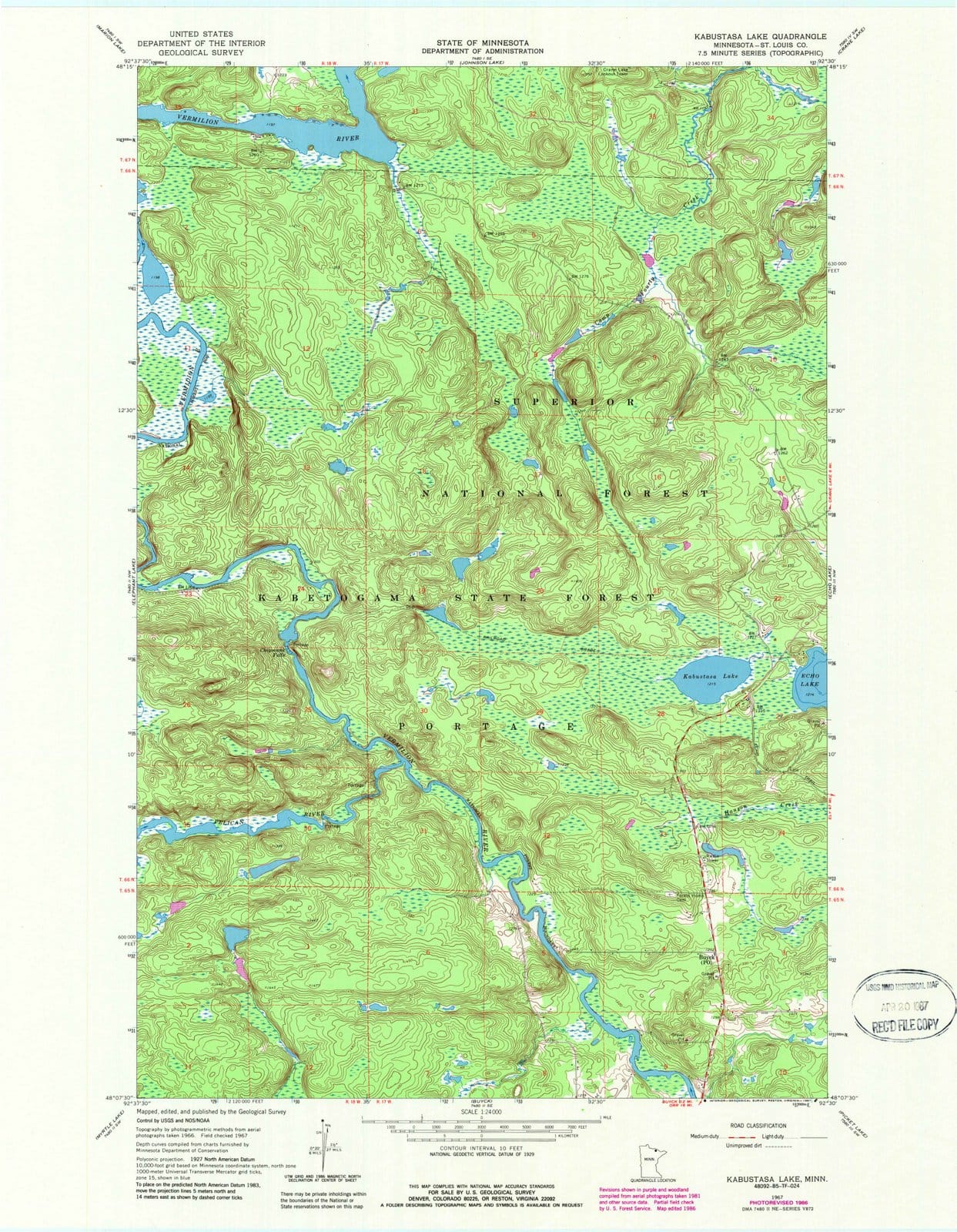 1967 Kabustasa Lake, MN - Minnesota - USGS Topographic Map