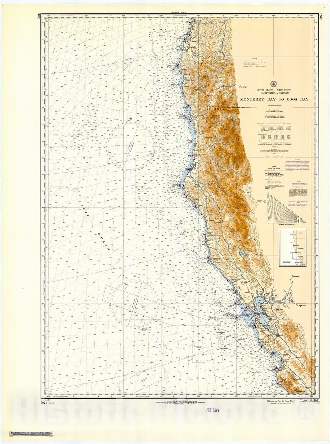 Historic Nautical Map - Monterey Bay To Coos Bay, 1966 NOAA Chart - Oregon, California (OR, CA) - Vintage Wall Art