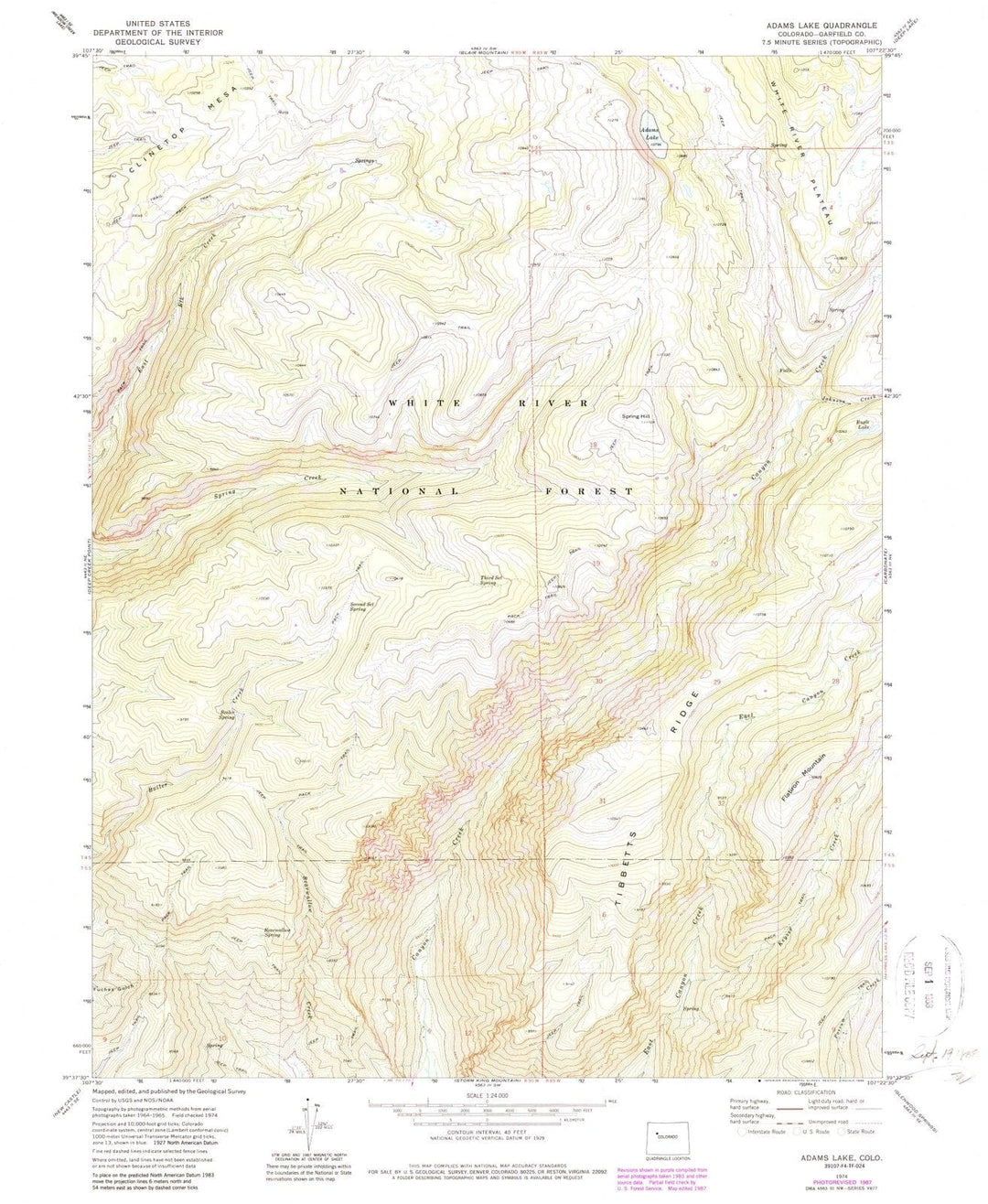 1974 Adams Lake, CO - Colorado - USGS Topographic Map