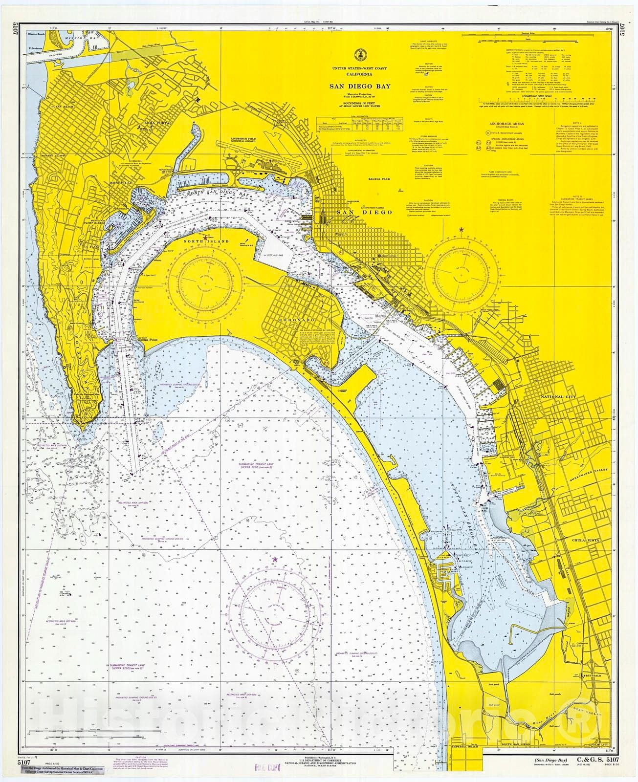 Historic Nautical Map - San Diego Bay, 1971 NOAA Chart - California (CA) - Vintage Wall Art