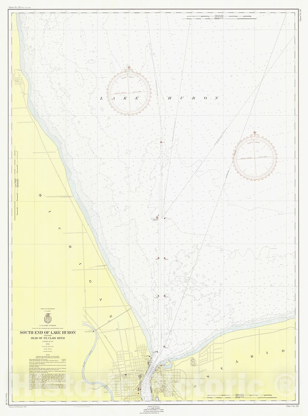 Historic Nautical Map - South End Of Lake Huron Including Head Of St Clair River, 1954 NOAA Chart - Michigan (MI) - Vintage Wall Art