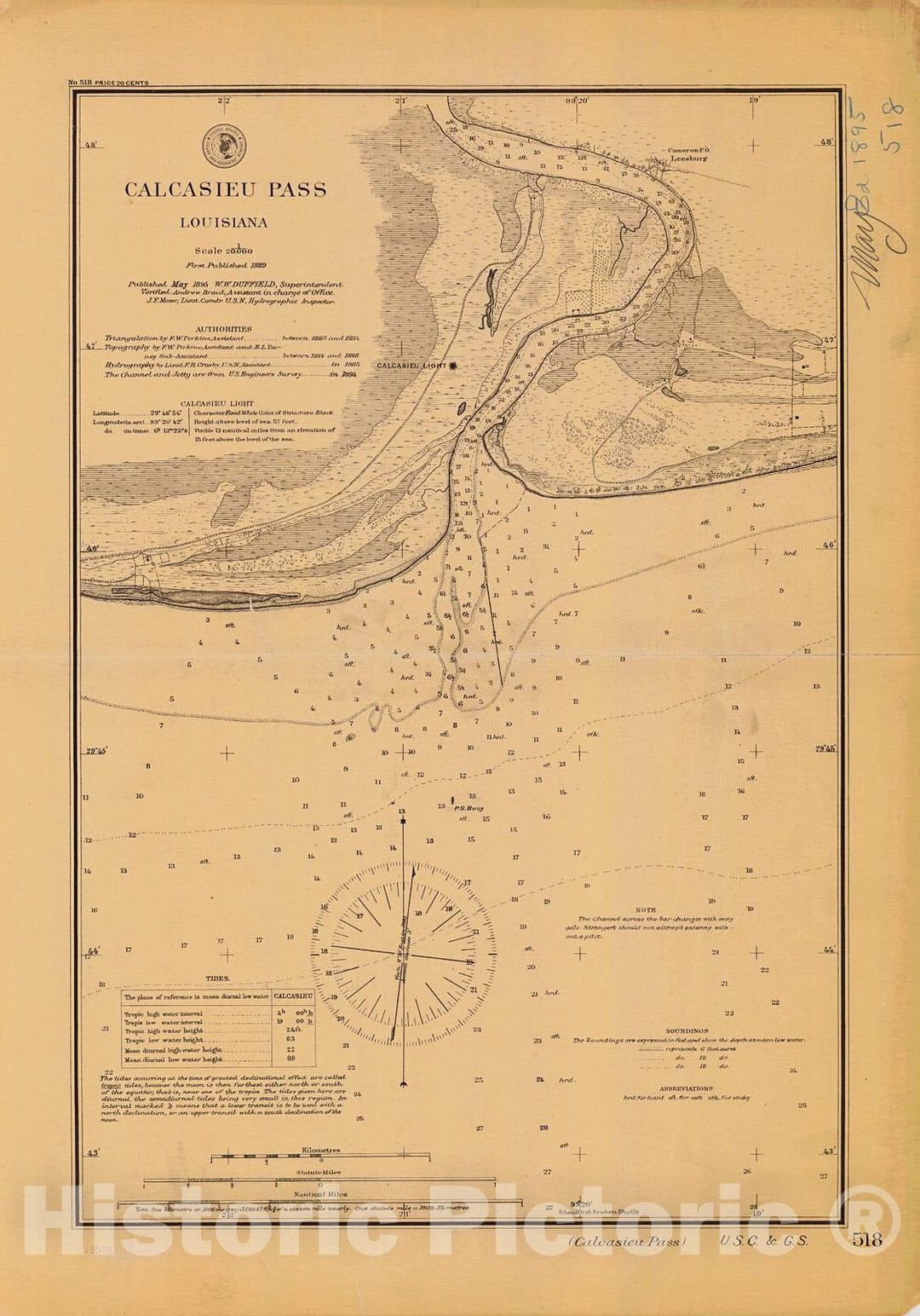 Historic Nautical Map - Calcasieu Pass, 1895 NOAA Chart - Louisiana (LA) - Vintage Wall Art