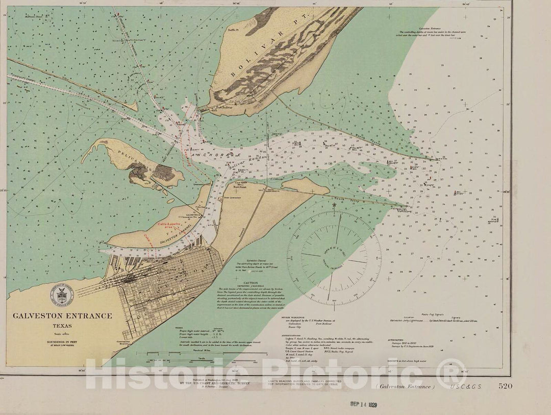 Historic Nautical Map - Galveston Entrance 1 Of 4 Upper Left Corner, 1929 NOAA Chart - Texas (TX) - Vintage Wall Art