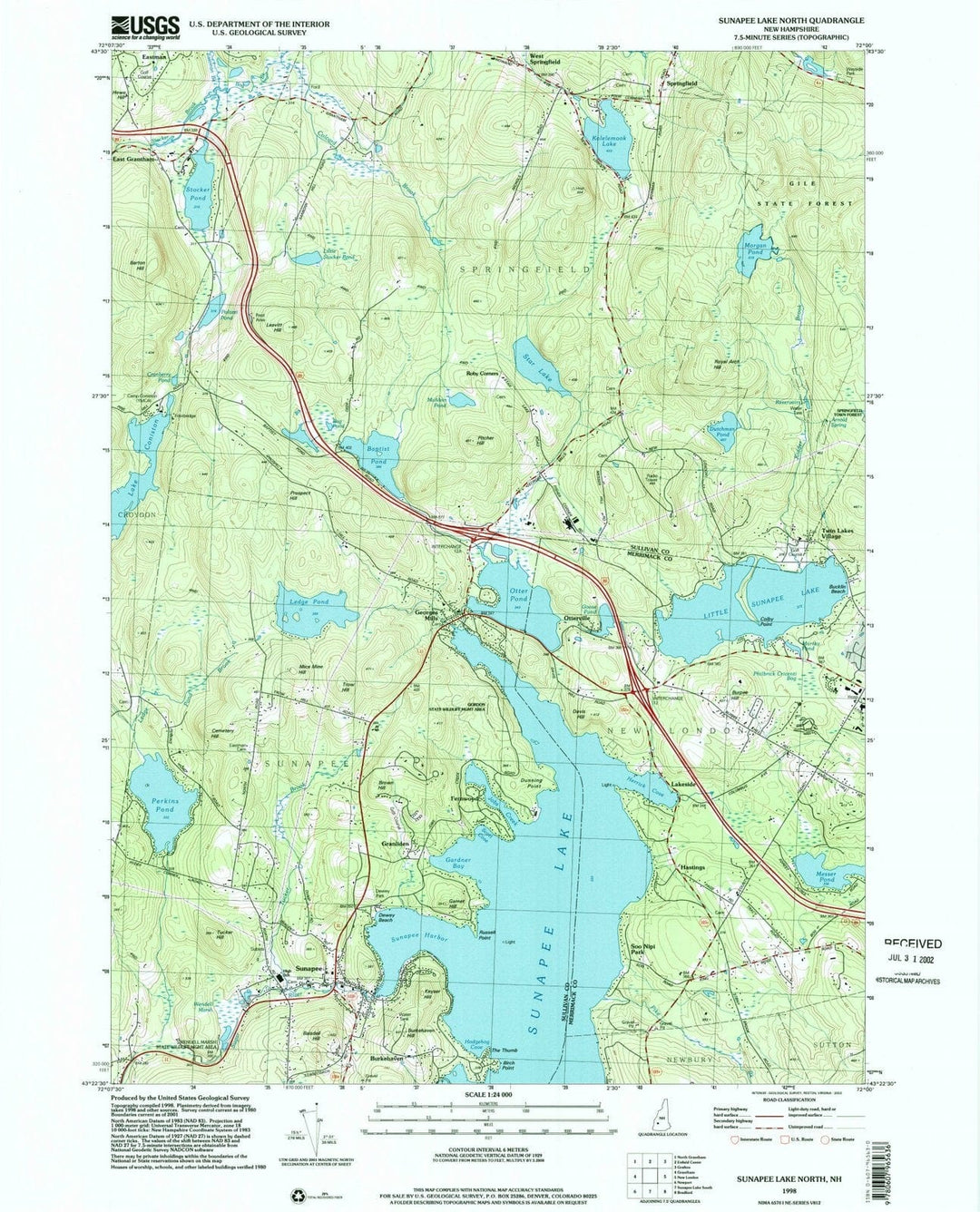 1998 Sunapee Lake North, NH - New Hampshire - USGS Topographic Map