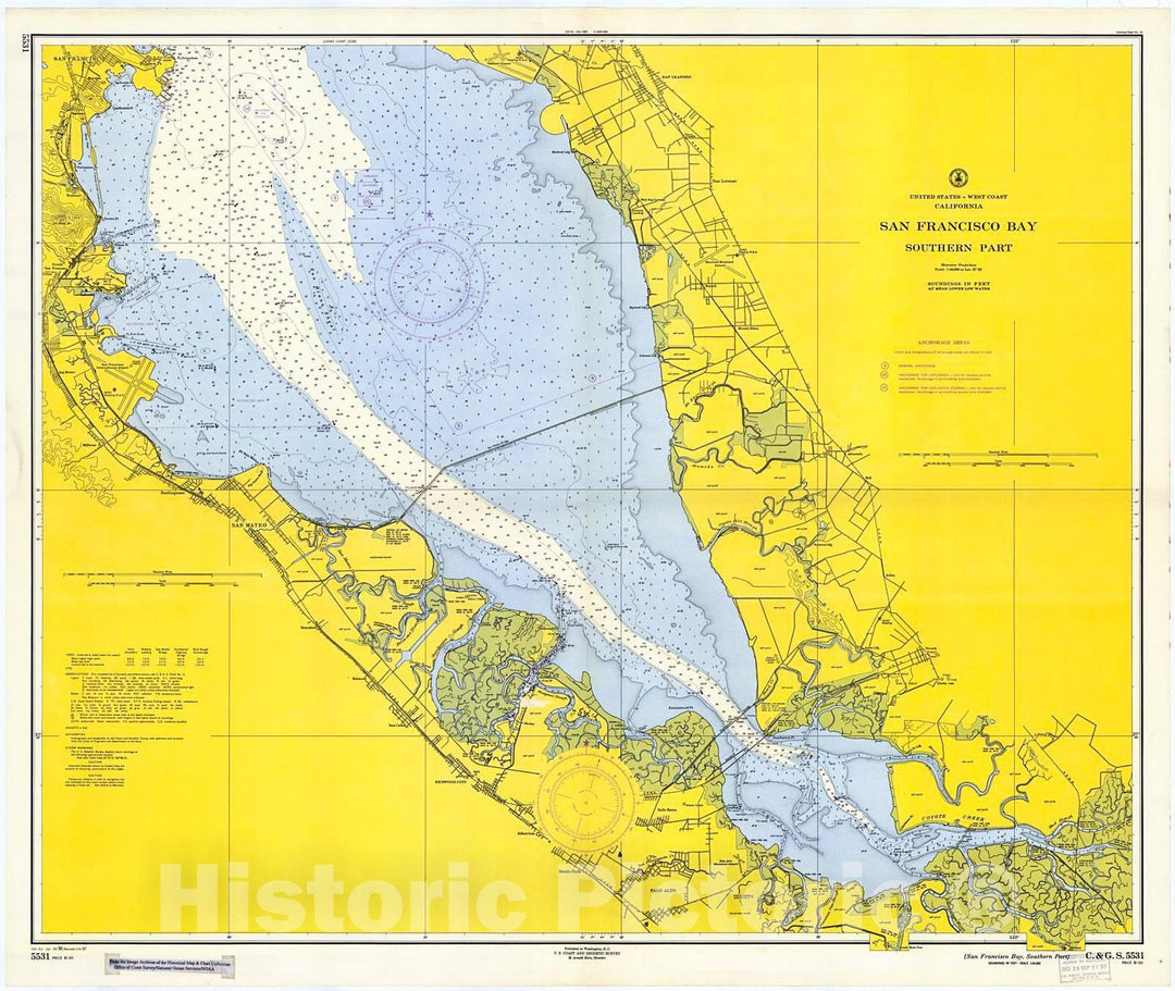 Historic Nautical Map - San Francisco Bay, Southern Part, 1957 NOAA Chart - California (CA) - Vintage Wall Art