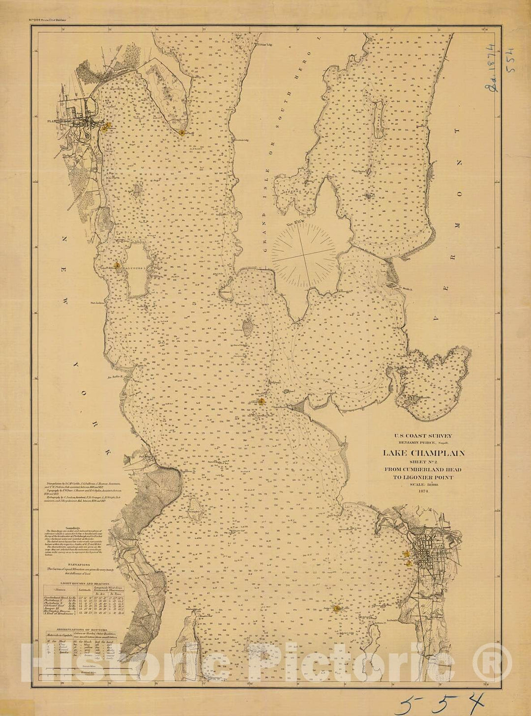 Historic Nautical Map - Lake Champlain Sheet No. 2, 1874 NOAA Chart - New York, Vermont (NY, VT) - Vintage Wall Art