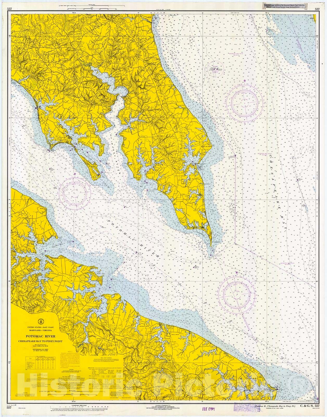 Historic Nautical Map - Potomac R, Chesapeake Bay To Piney Pt, 1968 NOAA Chart - Virginia (VA) - Vintage Wall Art