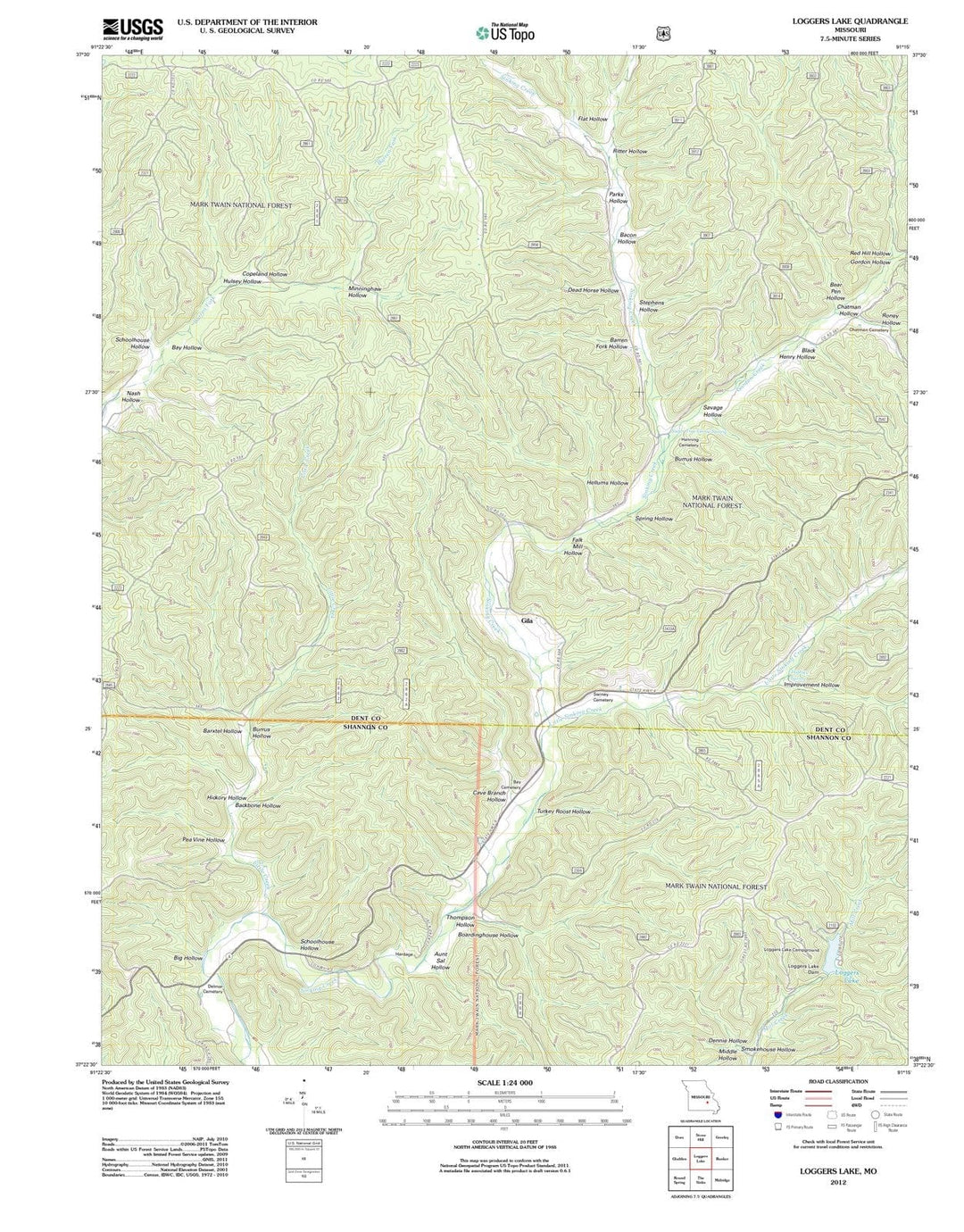 2012 Loggers Lake, MO - Missouri - USGS Topographic Map