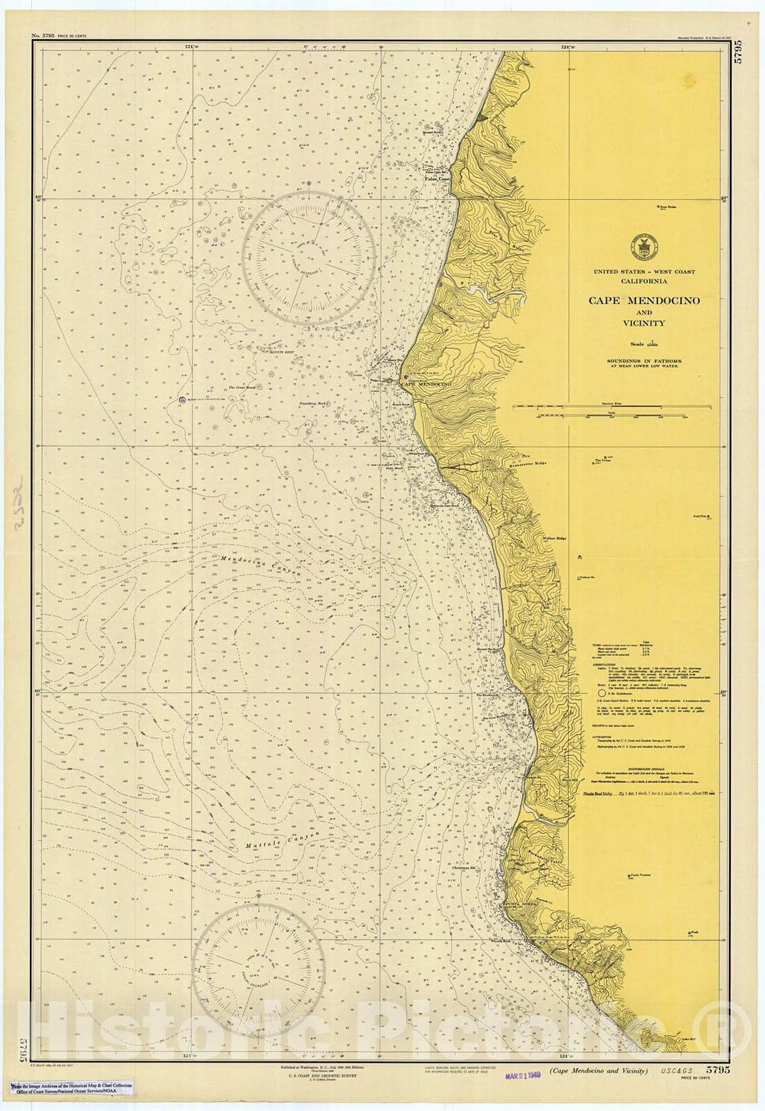 Historic Nautical Map - Cape Mendocino & Vicinity, 1944 NOAA Chart - California (CA) - Vintage Wall Art